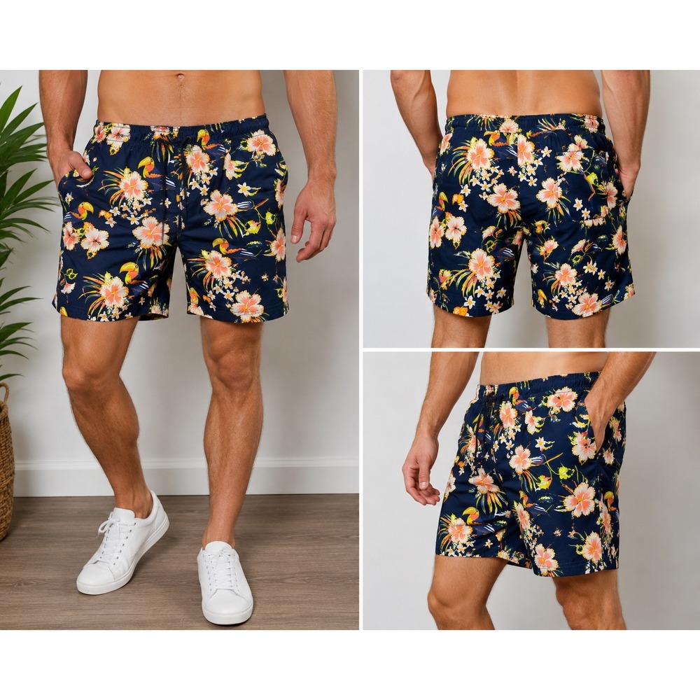 George‎ Swim Trunks Mens Large Navy Tropical Floral Toucan Print Board Shorts
